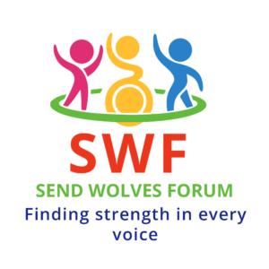 SEND Wolves Forum logo featuring pink, yellow and blue stylised figures, one is a wheelchair user, with a green ring around them above red ‘SWF’ text.