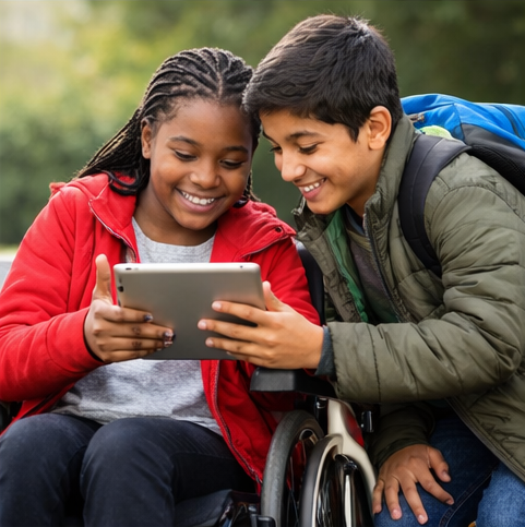 Two children sitting together outdoors using a tablet, one child in a wheelchair, both smiling and looking at the screen with backpacks on.