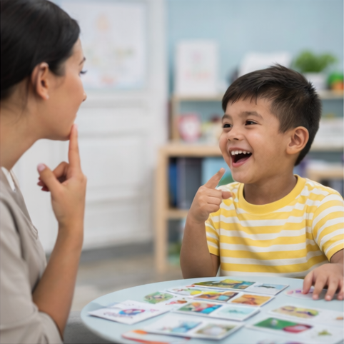 A teacher and a young boy practicing speech or sounds, sitting at a table with picture cards while both gesture toward their mouths and smile.
