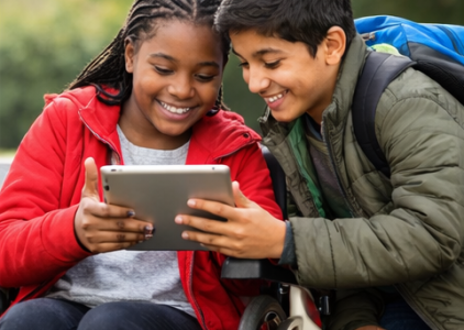 Two children sitting together outdoors using a tablet, one child in a wheelchair, both smiling and looking at the screen with backpacks on.