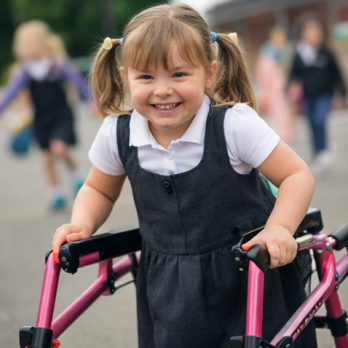 A smiling schoolgirl using a pink walker outdoors, wearing a school uniform, with other children blurred in the background.